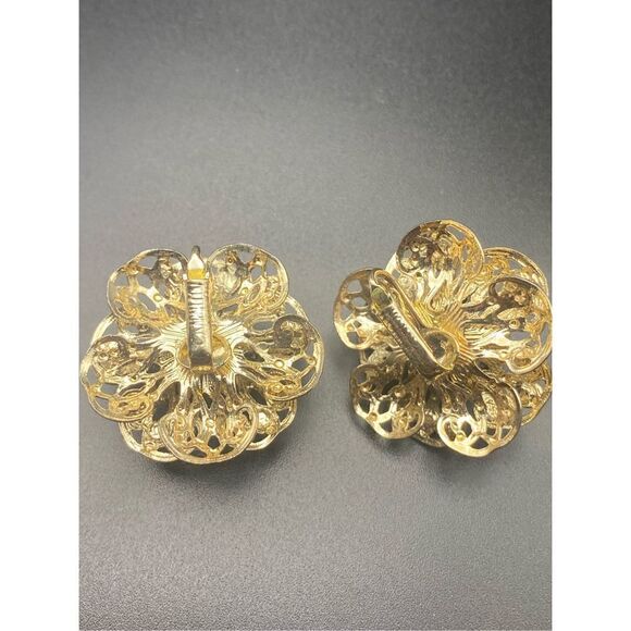 Sarah Coventry Gold tone Flower Brooch red rhinestones matching clip earrings - Picture 9 of 11